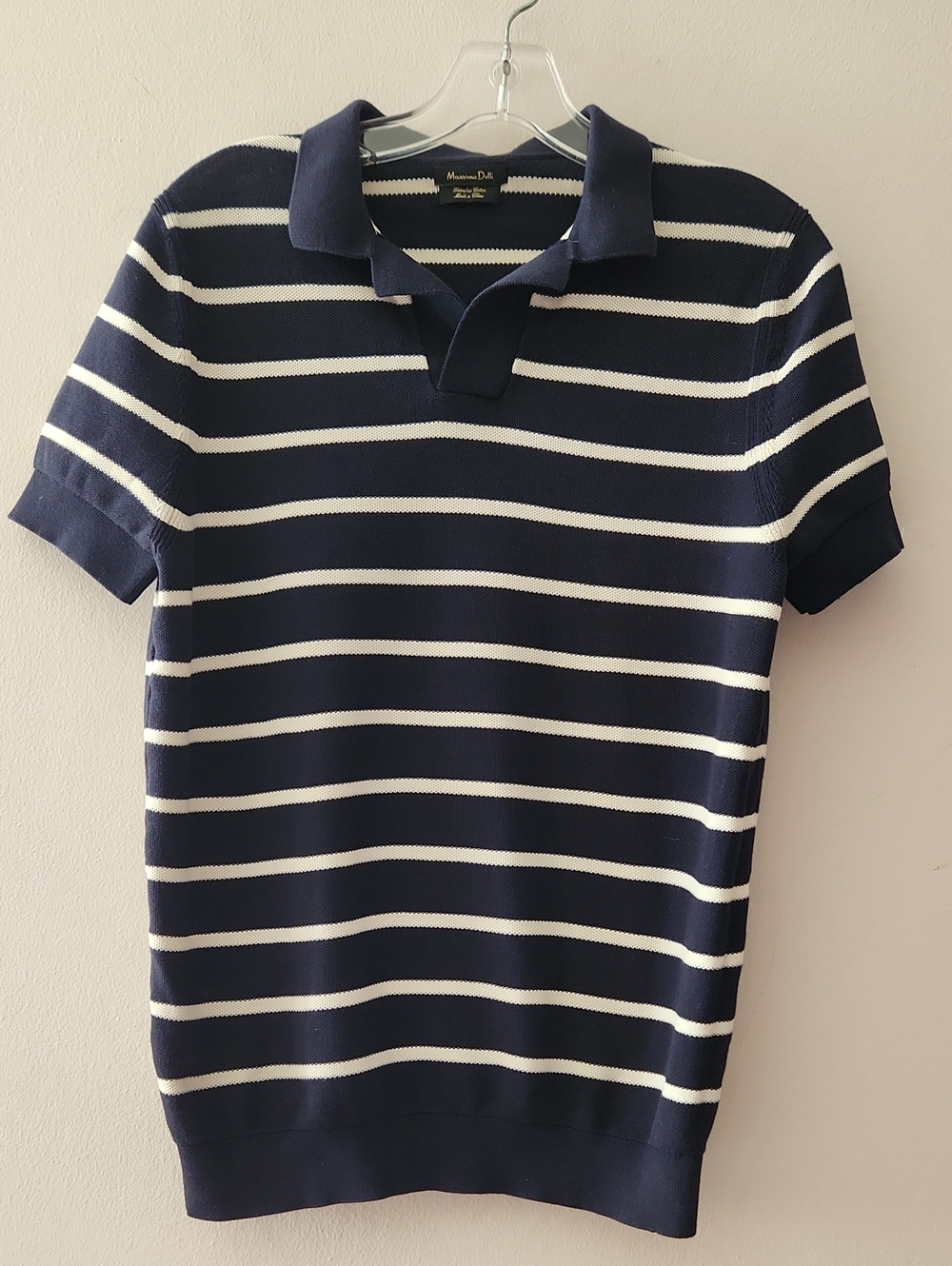 Massimo Dutti Men’s Navy and White Striped Polo Sweater Size S